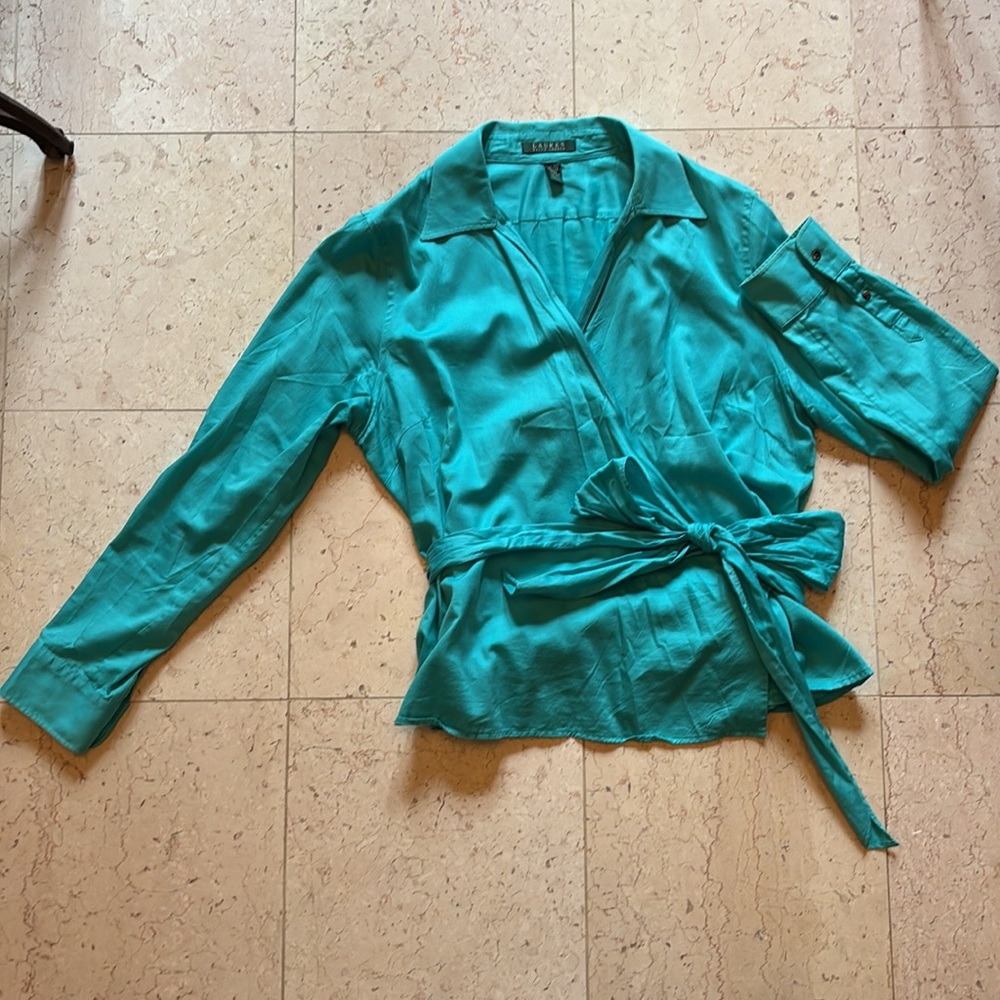 Turquoise Ralph Lauren wrap blouse. Long sleeved 100% cotton